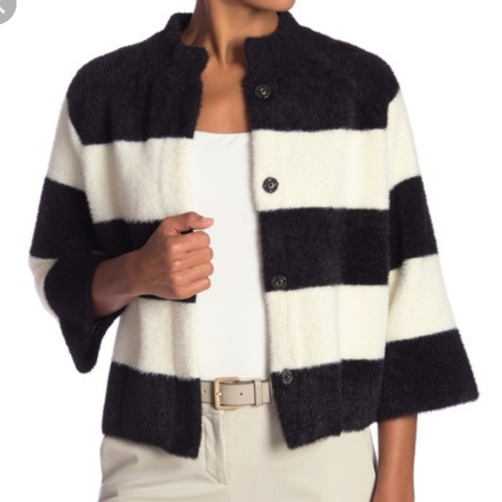 MELLODAY Mock Neck Broad Stripe Black Ivory Jacket NWT